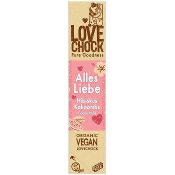 Riegel Lovechock Alles Liebe Hibiskus Kakaonibs Schokolade Bio, 40g Riegel Lovechock Alles Liebe Hibiskus Kakaonibs Schokolade Bio, 40g