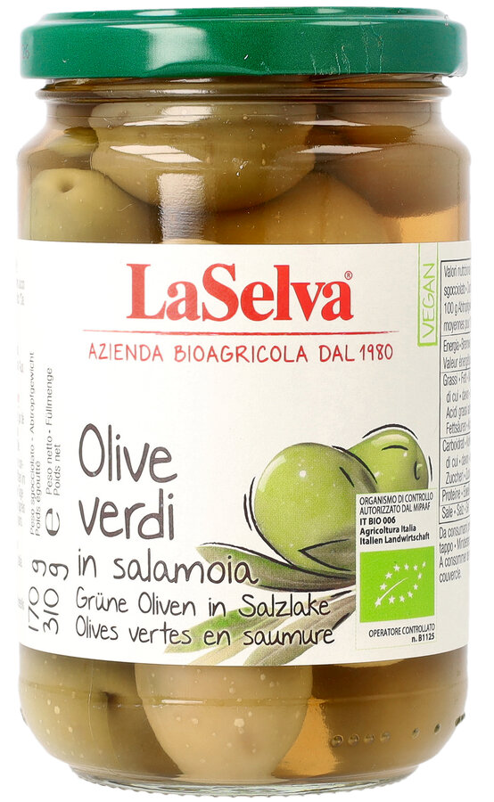 Olives Verdi Green Olives WITH STONE in Brine Organic, 310g