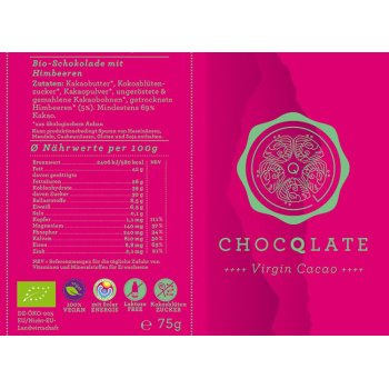 Bar Chocqlate Virgin Chocolate Rasberry 69% Organic, 75g