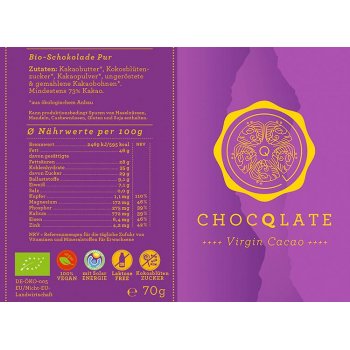 Tablette Chocqlate Virgin Chocolat Pur 73% Bio, 70g