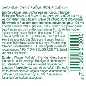 Boisson Riz Complet Calcium Sans sucres ajoutés Bio, 1l