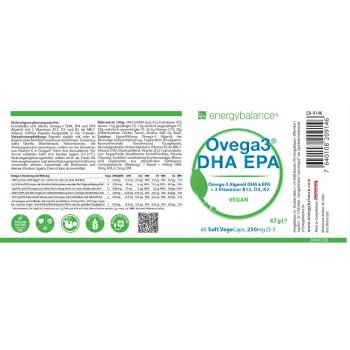 Ovega3® Vitamines, huile d'algues DHA et EPA 250 mg + B12, D3, K2, 60 VegeCaps