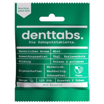 Zahnputztabletten Denttabs MINT fluoridfrei Beutel, 125 Tabs